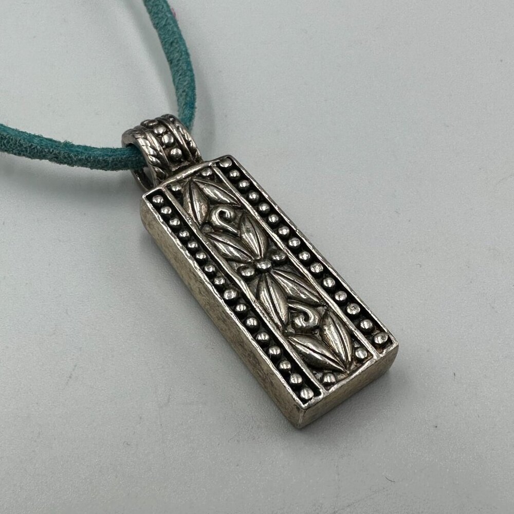Sterling Silver Rectangular Bar Pendant Necklace Floral Leaf Blue Suede Cord